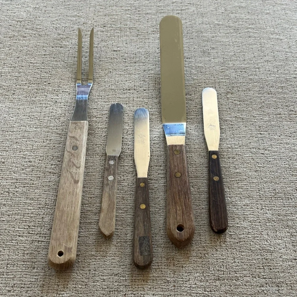 Vintage Wilton Ateco Stainless Steel Wood Handle Spatula Set Meat Fork 5pc Japan